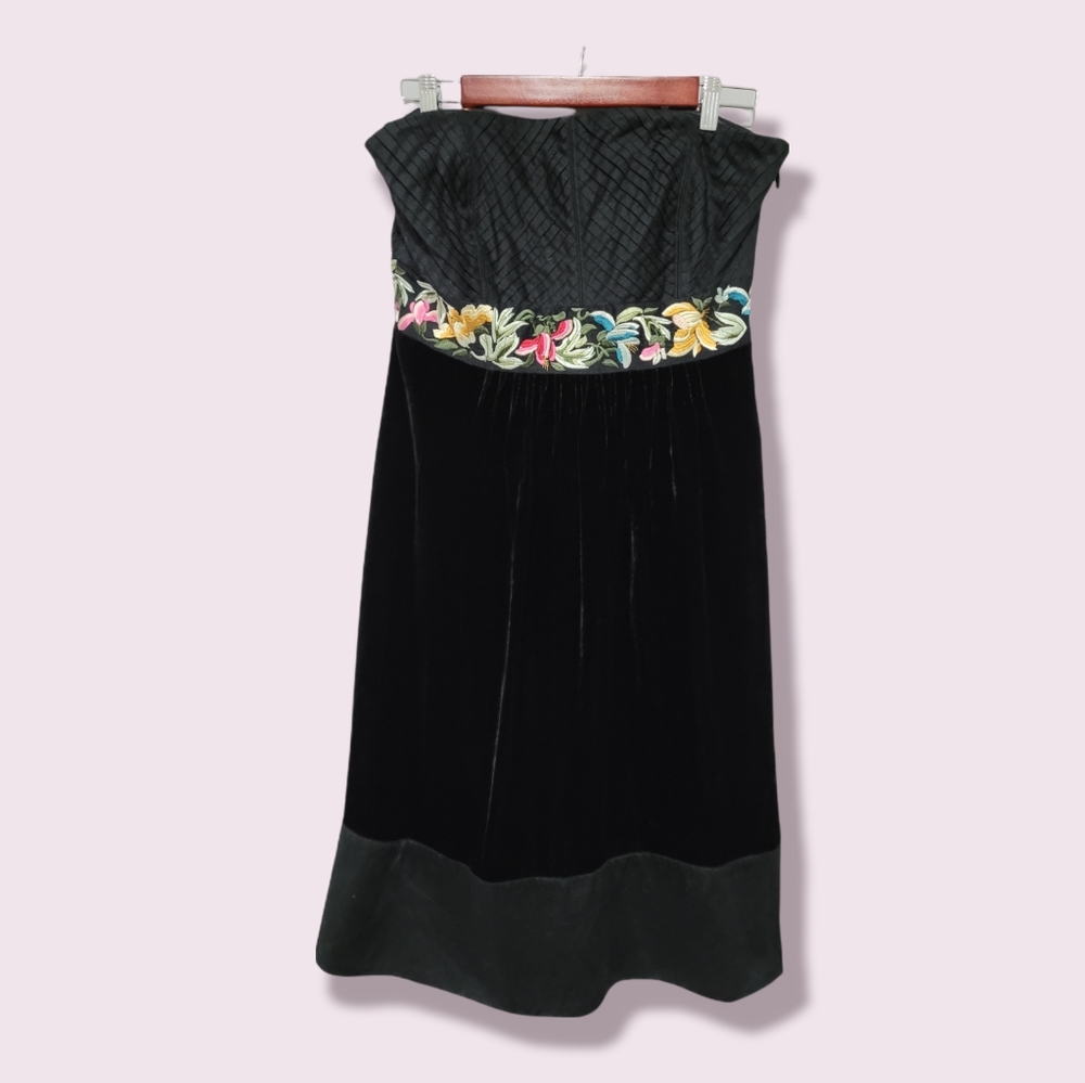 Floreat Strapless Black Silk and Velvet Dress